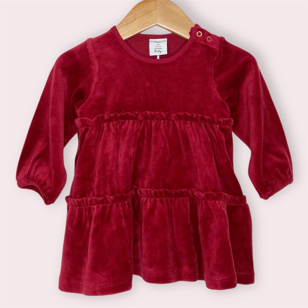 NWT Polarn O‎ Pyret Red Velour Baby Dress Long Sleeve Ruffle 4-6 Months